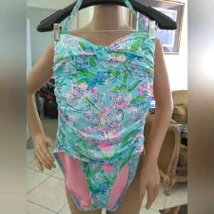 Lilly Pulitzer Aqua Floral One-Piece Swimsuit with Pink Accents
